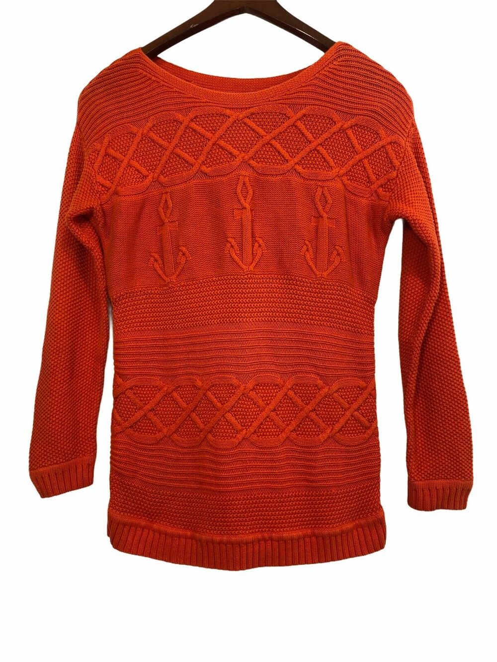 Talbots Orange Sweater Petite Medium Boat Neck Anchors Coastal Fisherman
